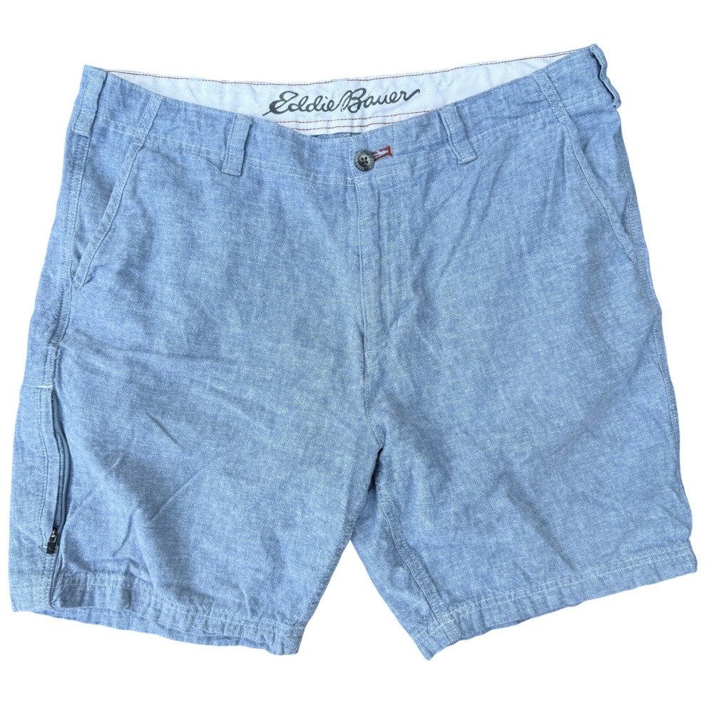 Eddie Bauer Mens 36 Light Blue Linen Cotton Blend Flat Front Shorts Chambray